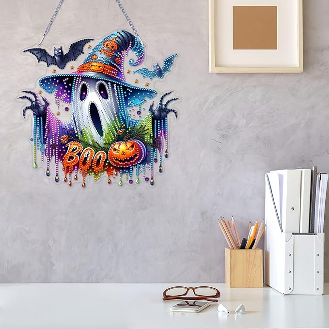 VODAPYC Halloween Diamond Art Hanging Kits for Adults, DIY Double Sided Special Shaped Diamonds Art Window Pendant Ornament for Home Decor(Ghost)