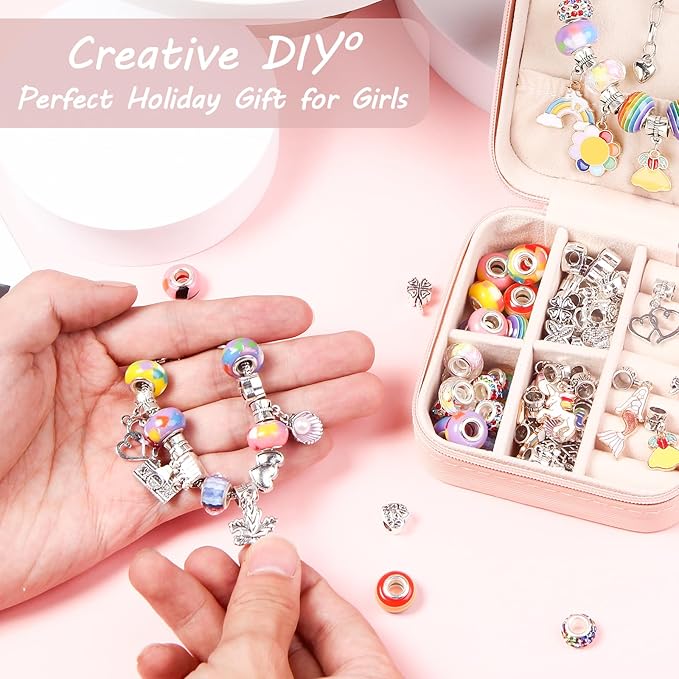 UFU Charm Bracelet Making Kit, Jewelry Making Kit Craft Gift for Girls 5 6 7 8-12, A Sweet Birthday Gift to Inspire Imagination & Creativity, with Portable Jewelry Box