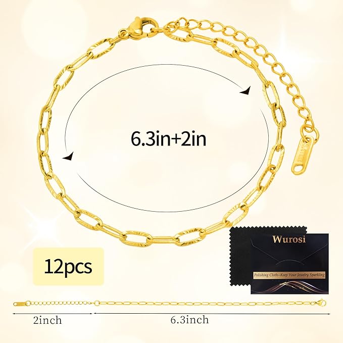 Wurosi 12PCS 18K Gold Plated Embossed Bracelet Chains 6.3Inch Gold Charm Bracelet Chains for Women DIY Jewelry Making