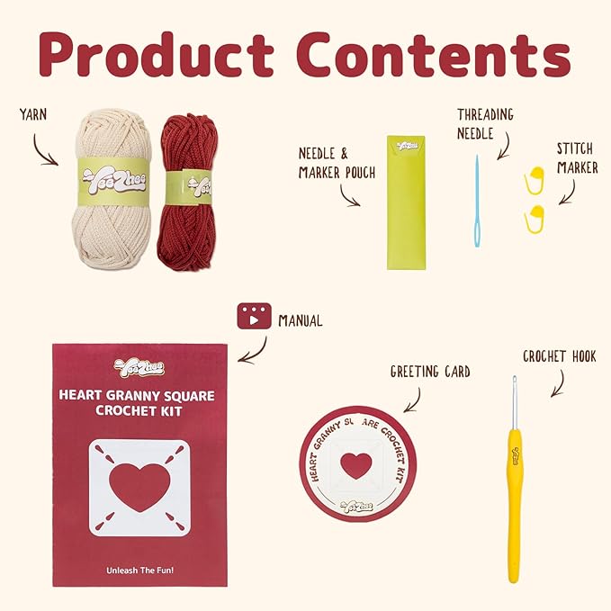 Yeezhee Crochet Kit for Beginners, Granny Square Starter Kit with Step-by-Step Video Tutorials, Knitting Kit for Adults & Teens Including Yarn, Crochet Hook, Heart