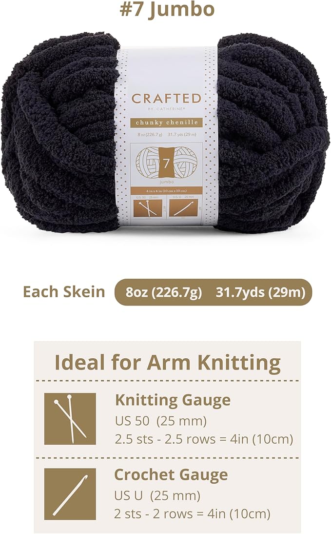 Crafted By Catherine Chunky Chenille Yarn - 8 Pack (8 oz / 227 g, 31.7 Yards Each Skein), Black, Gauge 7 Jumbo
