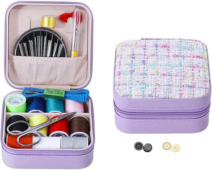Mini Sewing Kit in Stylish Leather Case – Complete Set with Scissors, Needles, Thread, Needle Threader, Thimble & More – Perfect for Beginners & Travel (Purple)