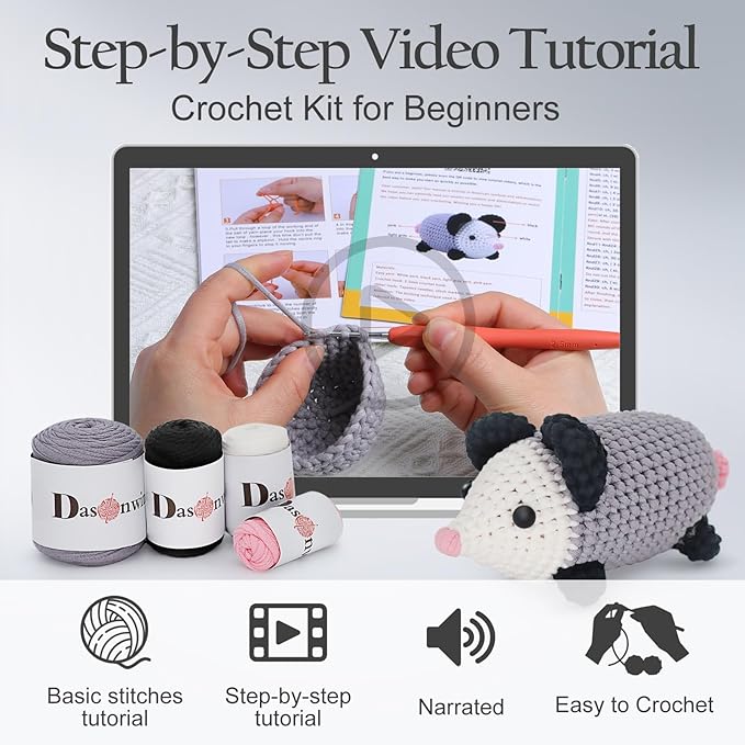 Dasonwin Crochet Kit for Beginners, Amigurumi Crochet Animal Kit (Cute Possum), Step-by-Step Video Tutorials, Complete Starter Set for Kids & Adults
