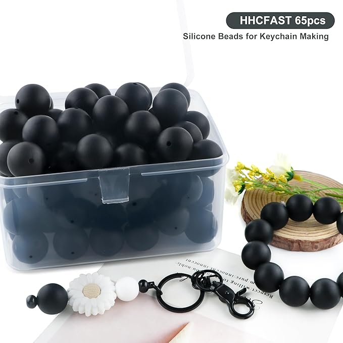 65Pcs 19mm Silicone Beads for Keychain Making Bracelet Necklace, Bulk Round Silicone Beads for Pens（Black）