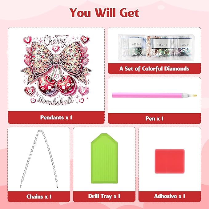 GHHKUD Cherry Bow Diamond Art Hanging Kit for Adults, DIY Double Sided Diamond Painting Hanging Valentines Kits Adults, Special Shaped Acrylic Ornaments Pendants for Window Home Garden Wall