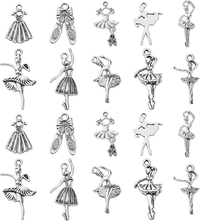 DanLingJewelry 100Pcs 10 Styles Antique Silver Ballet Dancer Charms Ballet Dance Charms for Jewelry Making Crafting
