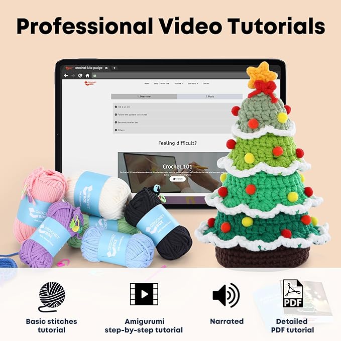 CrochetBox Christmas Crochet Kit for Beginners - Christmas Tree Starters Crochet Kit, Beginners Crocheting Kitting for Adults Teen, Gifts with Crochets Yarns, Hook, Step-by-Step Video, Instruction