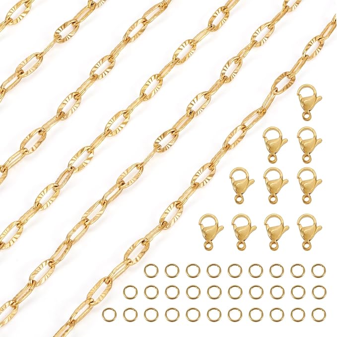 Sparkeads 5M Real 18K Gold Plated Golden Chain For Jewelry Making,Stainless Steel Chain,Golden Link Necklaces For Women,Paperclip Cable Chain for Bracelet DIY Earring Jewelry Making Kits,7.8x3.5x0.7mm