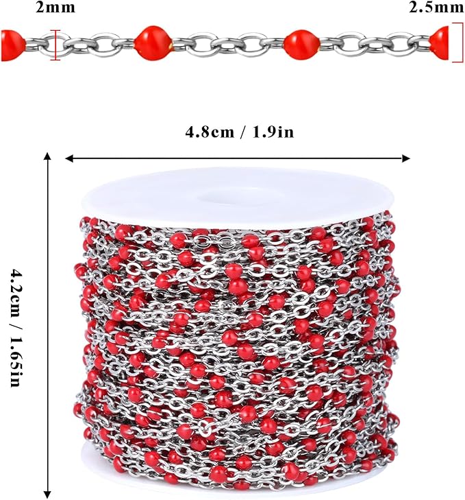 33 Feet Stainless Steel Enamel Chains Bulk, 2mm 304 Stainless Steel Red Enamel Beaded Cable Link Chain Roll Spool for Jewelry Making