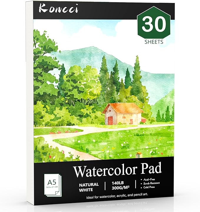 Watercolor Paper A5(5.8"X8.3"), Cold Press Water Color Paper Pad, 140lb/300gsm, Glue Bound, Acid-Free Watercolor Sketchbook Journal Painting Drawing Paper Book, Art Supplies for Students Adults