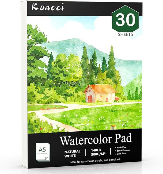 Watercolor Paper A5(5.8"X8.3"), Cold Press Water Color Paper Pad, 140lb/300gsm, Glue Bound, Acid-Free Watercolor Sketchbook Journal Painting Drawing Paper Book, Art Supplies for Students Adults