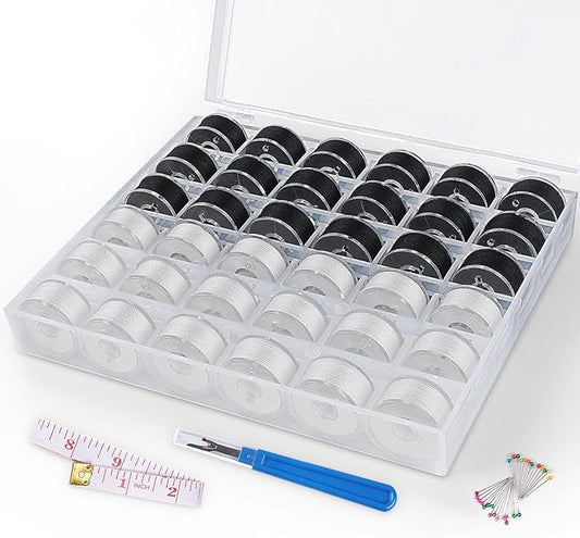 ilauke 18White + 18Black Bobbin Thread, Size A Prewound Sewing Thread Bobbins with Clear Storage Plastic Case Box Compatible with Brother Singer Embroidery BabyLock Janome Singer, 60WT