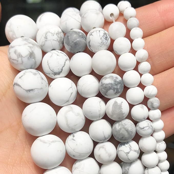 Stone Beads, 60pcs Matte White Howlite, 6mm Round Loose Beads for Jewelry Making, Bracelets, with Bag, String & Card