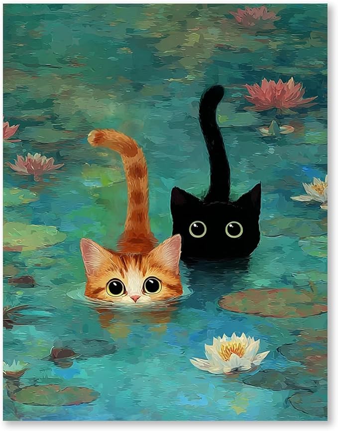 RLTXBUK Cat Cross Stitch Kits, Whimsical Monet Inspired Floral Black Orange Cat Stamped Counted Cross Stitch Kits for Adults, Pet Lover Gifts for Women, 11.8x15.8 Inch