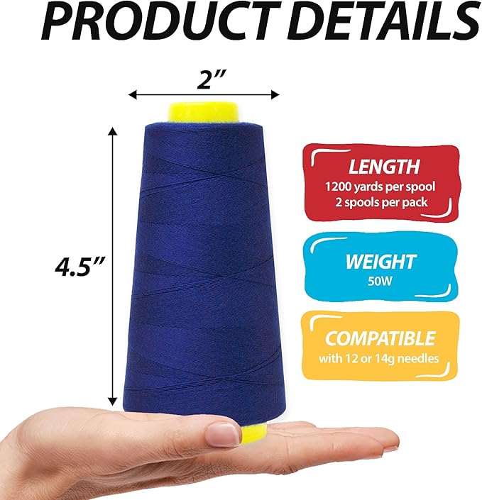 Mandala Crafts Blue Thread Cones for Machine and Hand Quilting - 2400 Yds 50 WT Multiple Purpose Mercerized 100% Cotton Threads for Sewing Machine Serger Embroidery