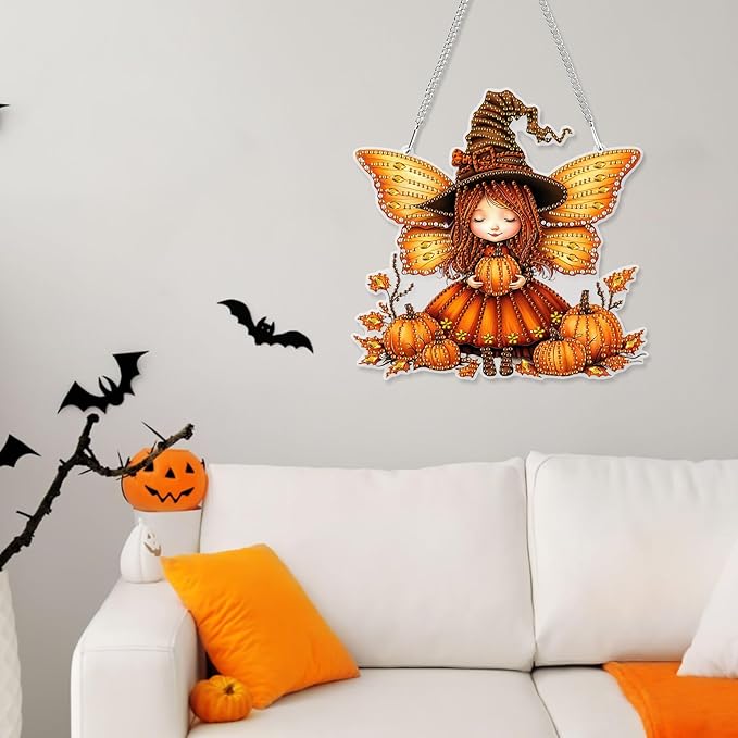 Genius maker Halloween Diamond Art Hanging Kits for Adults, Fall Pumpkins Fairy Special Shaped Diamond Painting Kit, Acrylic 5D Crystal Diamonds Gem Art Painting Hanging Ornament for Home Wall Decor