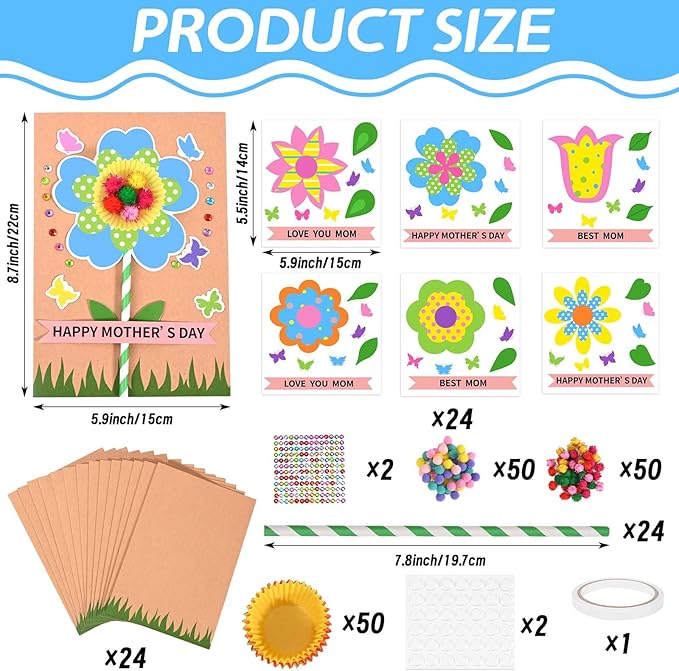 Sanixin 24 Sets Mother's Day Flower Card Craft Kit for Kids Spring DIY Flower Greeting Card Set Happy Mother's Day Card Making Kit for Mom Gifts Classroom School Home Activities