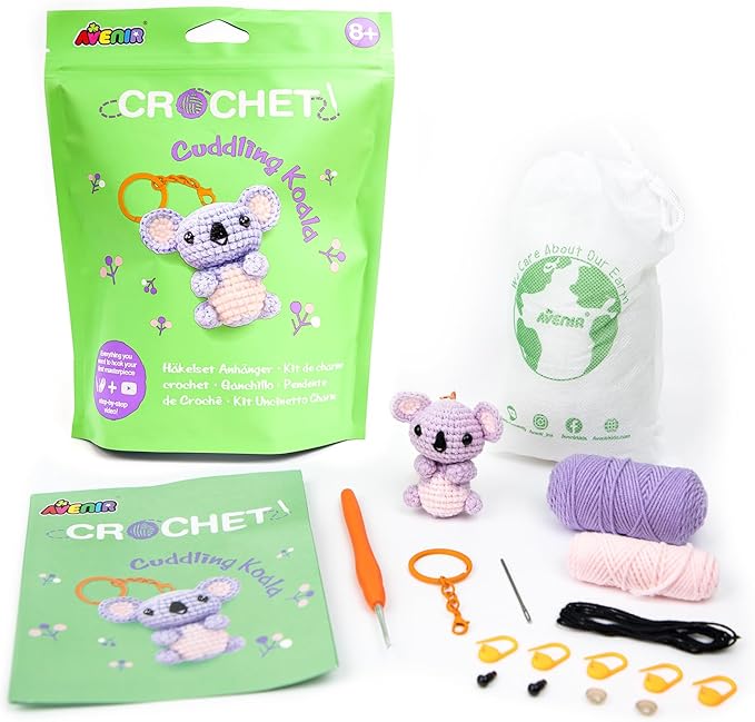 Avenir Beginner Crochet Kit for Adults & Teens - Small Portable Animals Kit with Keychain, Complete Supplies & Video Tutorials, Perfect Arts & Crafts Gift for Women & Girls (Cuddling Koala)
