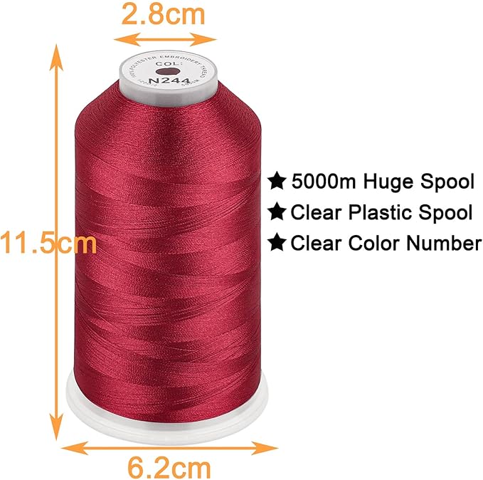 New brothread - Single Huge Spool 5000M Each Polyester Embroidery Machine Thread 40WT for Commercial and Domestic Machines - Cardinal Red(Janome Color)