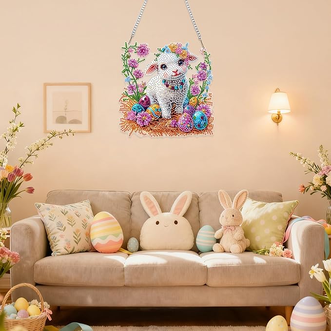 RICUVED Easter Diamond Art Hanging Kit for Adult, Sheep Special Shaped Diamond Painting Pendant Board Kit, Egg 5D Art Suncatchers Double Sided Hanging Window Ornament for Home Garden Decor
