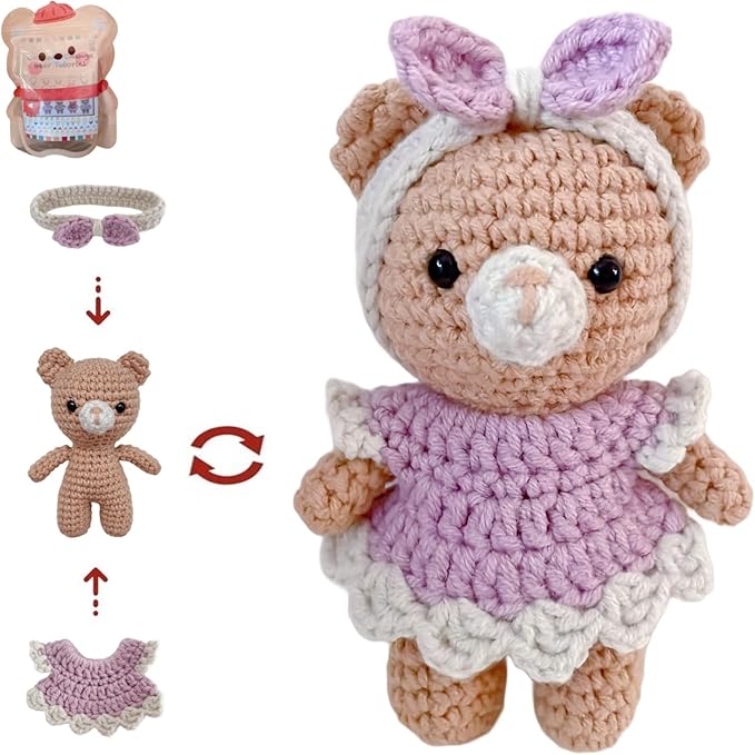 LoopMap Amigurumi Crochet Kit for Beginners with Removable Dress & Video Tutorials, DIY Bear Making Kit Includes Premium Yarn & Tools, Creative Gift for Adults Teens (Purple)