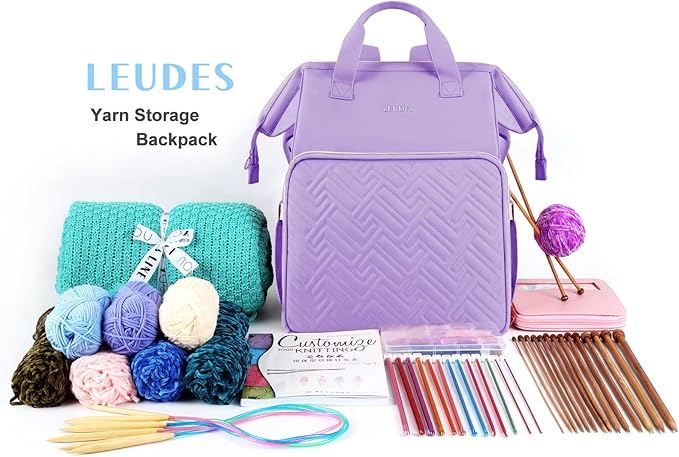 Leudes Knitting Bag Backpack,Yarn Storage Organizer Large Crochet Bag Tote Christmas Gift Yarn Holder Case for Carrying Projects,Knitting Needles (Purple)