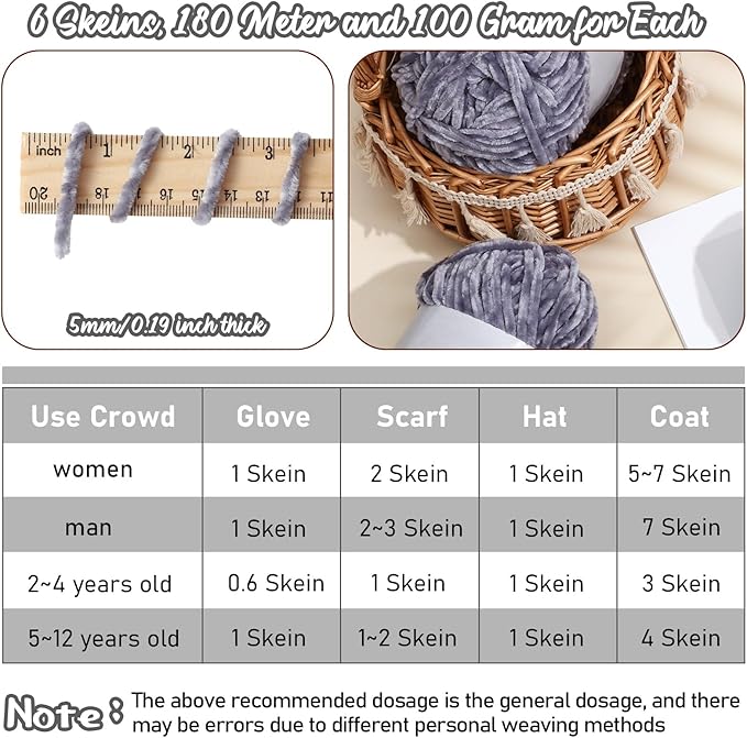 Amylove 6 Rolls Soft Velvet Chenille Yarn for Crocheting 1182 Yards Polyester Blanket Fuzzy Thick Yarn for DIY Knitting Bulky Weaving Crafts, 197 yd, 3.53 oz Each Roll(Light Gray)