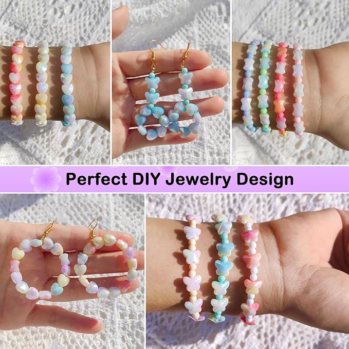 1280Pcs Acrylic Beads for Jewelry Making - Assorted Butterfly Heart Beads & Gradient Pastel Beading Kit Aesthetic Charms for DIY Bracelet Making, Kandi Charms, Friendship Bracelets & Craft