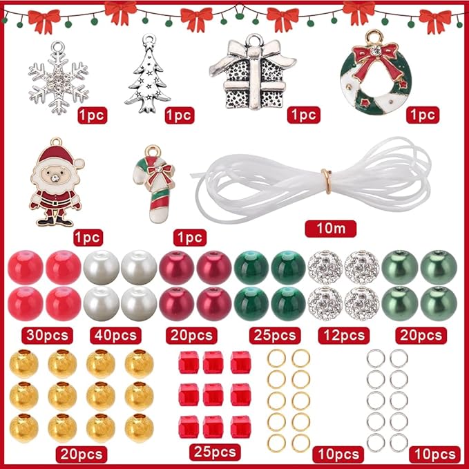 SUNNYCLUE 1 Box 218Pcs 6Sets Christmas Bracelet Making Kit Red Green Glass Beads Christmas Tree Enamel Charm Jingle Bell Snowflake Charms Rhinestone Bead for Jewelry Making Kits Beading Supplies