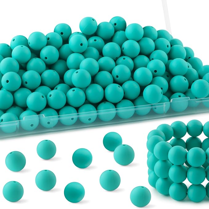 150Pcs 15mm Silicone Beads for Keychain Making Bracelet Necklace, Bulk Round Silicone Beads for Pens(Turquoise)