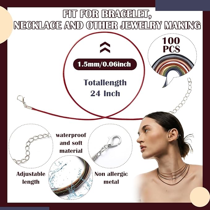 Tudomro 100 Pieces Waxed Leather Necklace Cord Bulk with Clasp Necklace Bracelet Chains String Rope Cord for Jewelry Making Pendants Charms(Multicolor,24 Inch)