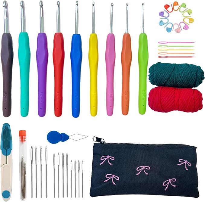 Crochet Hooks Set,Crochet Needles with Case Yarn,Ergonomic Crochet Hooks with Soft Grip Handles,9 Sizes from 2mm-6mm,Crochet Kit for Beginners DIY Dolls Bags Clothes Blanket Handmade Flowers (Bow)