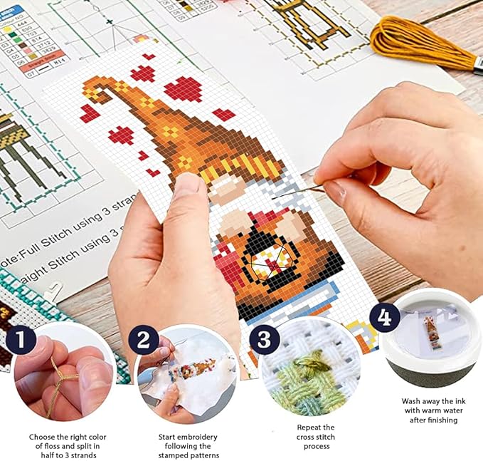 FREEBLOSS 6 Set Cross Stitch Bookmark Kit 11 CT Stamped Cross Stitch Kit DIY Embroidery Bookmark Kits for Adult Beginners with Instructions, Gnome Pattern, 6 x 20 cm/8" x 2.4"