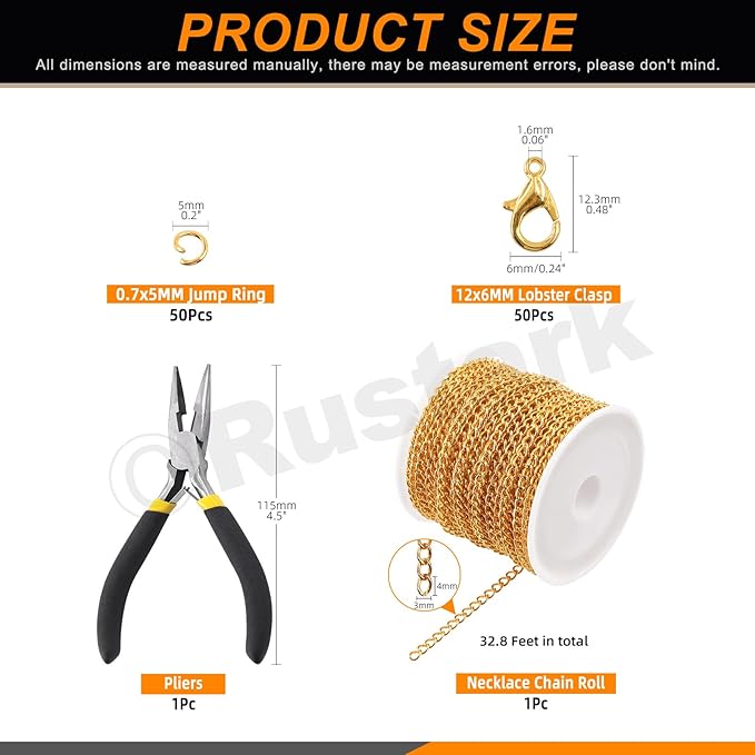 Rustark 102Pcs 4mm 30 Feet Gold Jewelry Making Chains Kit Thin Necklace Bracelet Chain Twisted Links Curb Chain with Jump Rings Lobster Clasps and Pliers for Bracelet Necklace Jewelry Making