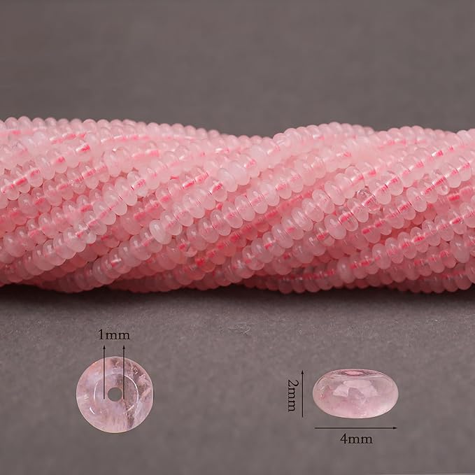 2 Strands (300PCs) Natural Pink Quartz Rondelle Beads, 2 * 4mm Gemstone Loose Spacer Abacus Disk Beads for DIY Bracelet Necklace Earrings Jewelry Making, Craft Supplies Beading Kit