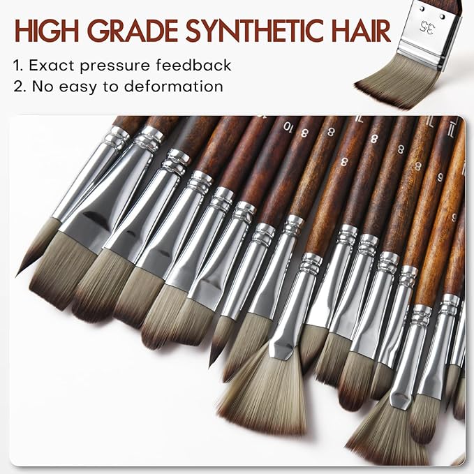 22PCS H&B Paint Brush Set, Travel Watercolor Acrylic Painting Brushes with Canvas Roll & Palette Knife, Professional Artist Brush Kit for Oil, Acrylic Canvas Paintings (Brown)