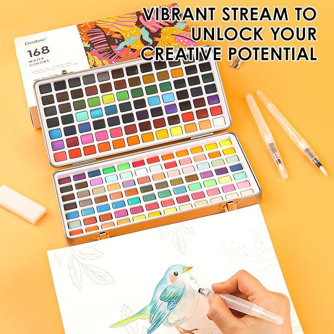 grabie watercolor paint set, watercolor paints, 168 colors, painting set with coloring book, water brushes and drawing pencil, art supplies, perfect starter kit for watercolor painting