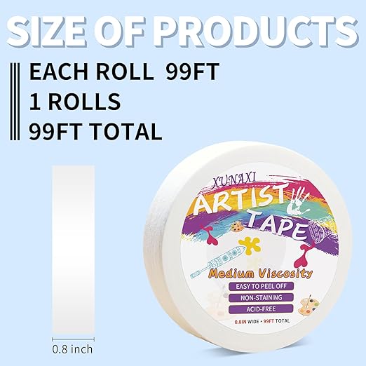1 Packs Artist Tape Medium Tack White Art Tape for Watercolor Paper Drafting Art Painting Canvas Framing Acid Free Masking Tape- 0.8IN Wide 99FT Long Total