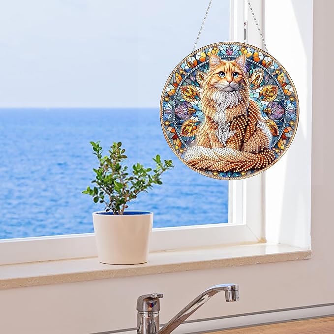 Generic DIY Hanging Diamond Pendant Special Shaped Crystal Diamond Art Painting Ornament Single Sided for Window Home Garden Wall Door Decor-Orange Cat