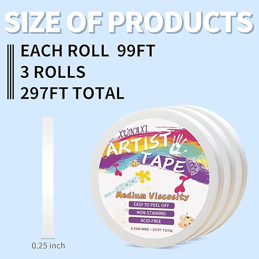3 Packs Artist Tape Medium Tack White Art Tape for Watercolor Paper Drafting Art Painting Canvas Framing Acid Free Masking Tape- 0.25IN Wide 297FT Long Total