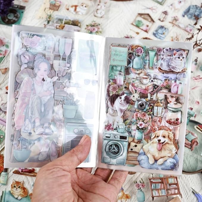 Scrapbook Sticker Book for Scrapbooking and Journaling, People Pet Coffee Theme, 20 Sheets 3.9x5.9 inches, Precut Transparent PET Stickers for Junk Journal Supplies, Collage, Scrap Book
