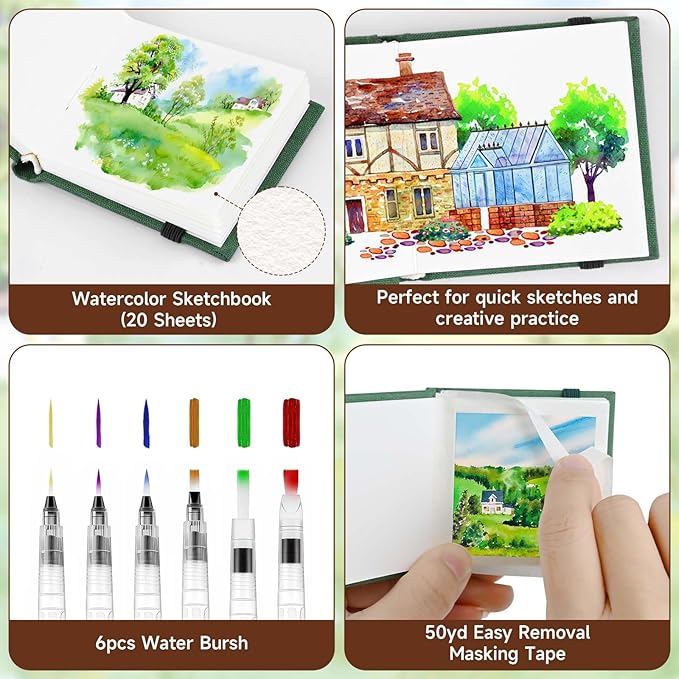 Mini Portable Watercolor Palette Set–Complete Travel Watercolor Set with 12 Watercolor Paints, Wooden Grid Paint Box, Mini Sketch Book, Masking Tape, 6 Brush Pens & Binder Clips