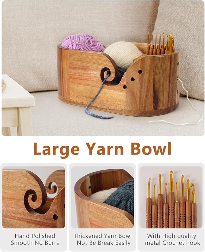 Oval Yarn Bowl, Crochet Yarn Holder with 9pcs Knitting Hooks, Yarn Storage Crochet Bowl Knitting Gift for Crocheters, Large Yarn Bowl Acacia Wooden 11.3x5.9x4.7inch (Acacia Yarn Bowl)