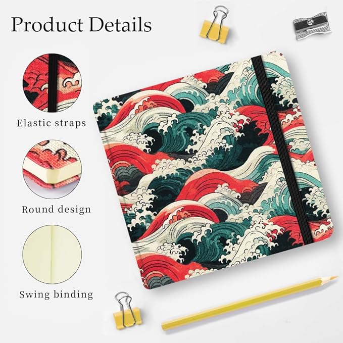Mifuner Small Square 4.8x4.8 80gsm Mini Notebooks Blank Pages Sketchbooks Travel Journal Pocket Hardcover Paint Writing Notebook Blank Diary Memo Planner Sketchbook Fabric Cover, Sea Wave