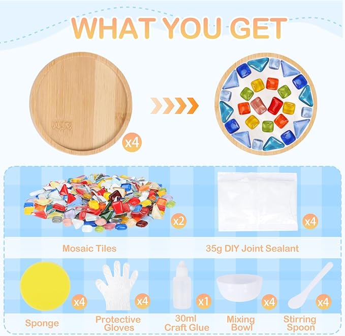 SAYAYA 4 Sets DIY Glass Mosaic Tiles for Crafts Mosaic Crafts Kit with Bamboo Coaster for Adults Glass Coasters Crafts Set for Handmade Home Christmas Halloween Birthday Decoration Gift (Round Set)