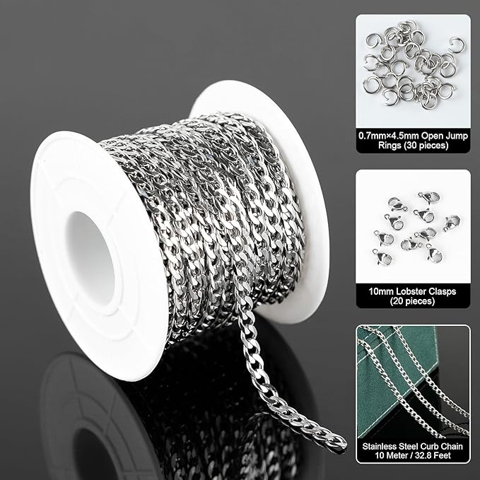 YOUBEIYEE 33 Feet Silver Stainless Steel Chain Link Curb Cuban Chains Spool Bulk with Jump Rings Lobster Clasps for DIY Jewelry Making Necklaces Chokers Findings Bracelets Anklets