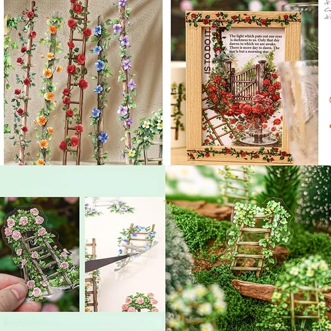 120PCS Vintage Flower Ladder Scrapbook Stickers Kit Flowers Strip PET Transparent Waterproof Stickers Set for Junk Journal Journaling Water Bottles Phone Laptop Decals Pack for Teens Girls Kids Adults