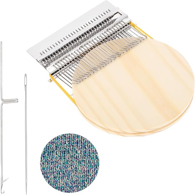 MECCANIXITY Mini Darning Loom, 28 Hooks Wood Weaving Knitting Machine with Knitting Needles for Repair Jeans Socks DIY Craft, Knit Patch Loom Weave Tool, Silver