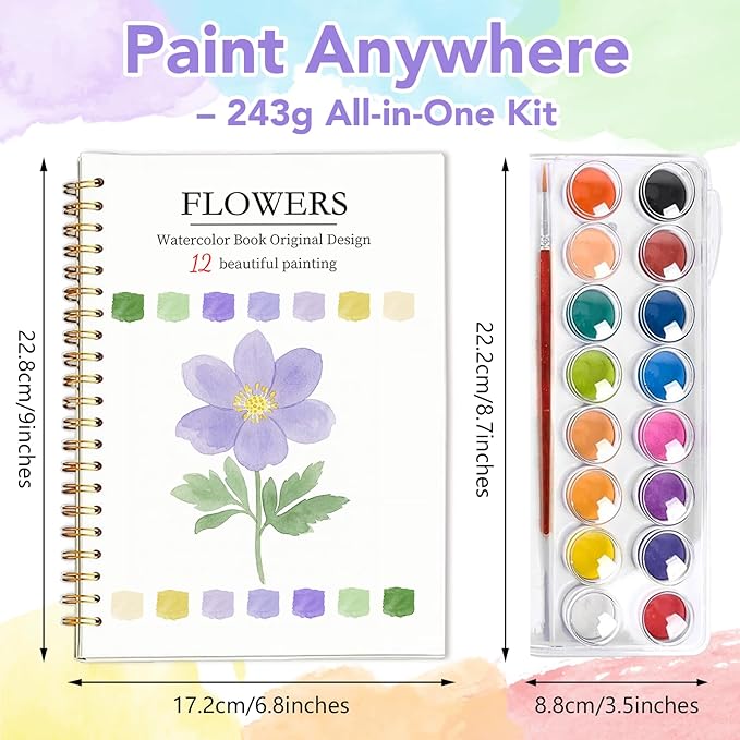 Easy Watercolor Workbook for Beginners - 12 Beautiful Step-by-Step Paintings Water Coloring Book, Includes 16 Colors Paints, Relaxing Art Projects and Creative Gift for Adults & Teen (Flowers)