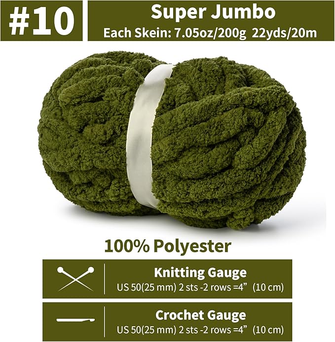 10 Pack Jumbo Chenille Yarn for Crocheting, #10 Super Bulky Baby Soft Yarn for Hand Knitting, 220 yds /70.5 oz Fluffy Chunky Knit Throw Blanket Yarn (Olive Green)